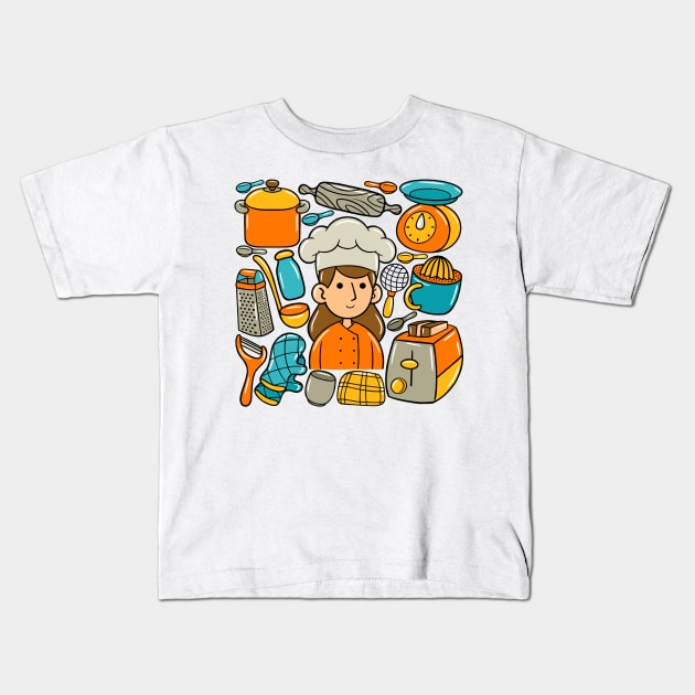 Woman Chef Kawaii Doodle Kids T-Shirt by MEDZ